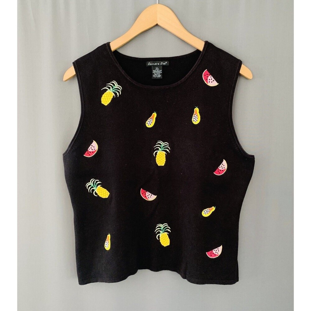 Vtg 80s Eagles Eye Embroidered Sweater Top Vest XL Black Fruit Preppy Whimsical